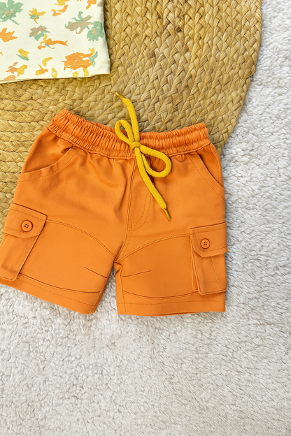 Yellow Printed Tee with Orange Cargo Shorts
