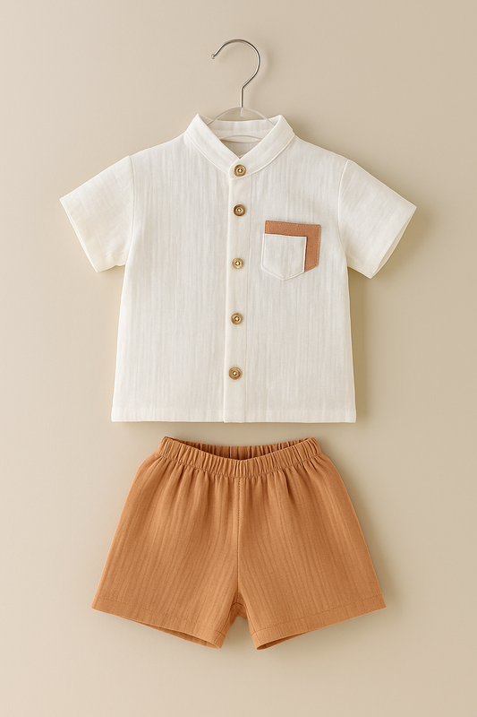 Muslin Off-white Mandarin Collar Shirt & Brown Shorts Set for Boys