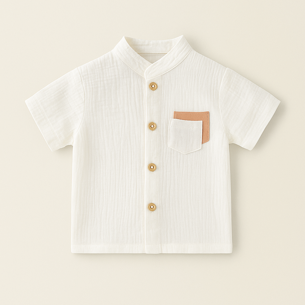 Muslin Off-white Mandarin Collar Shirt & Brown Shorts Set for Boys