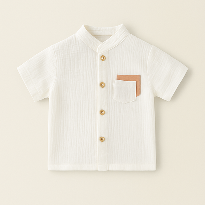 Muslin Off-white Mandarin Collar Shirt & Brown Shorts Set for Boys