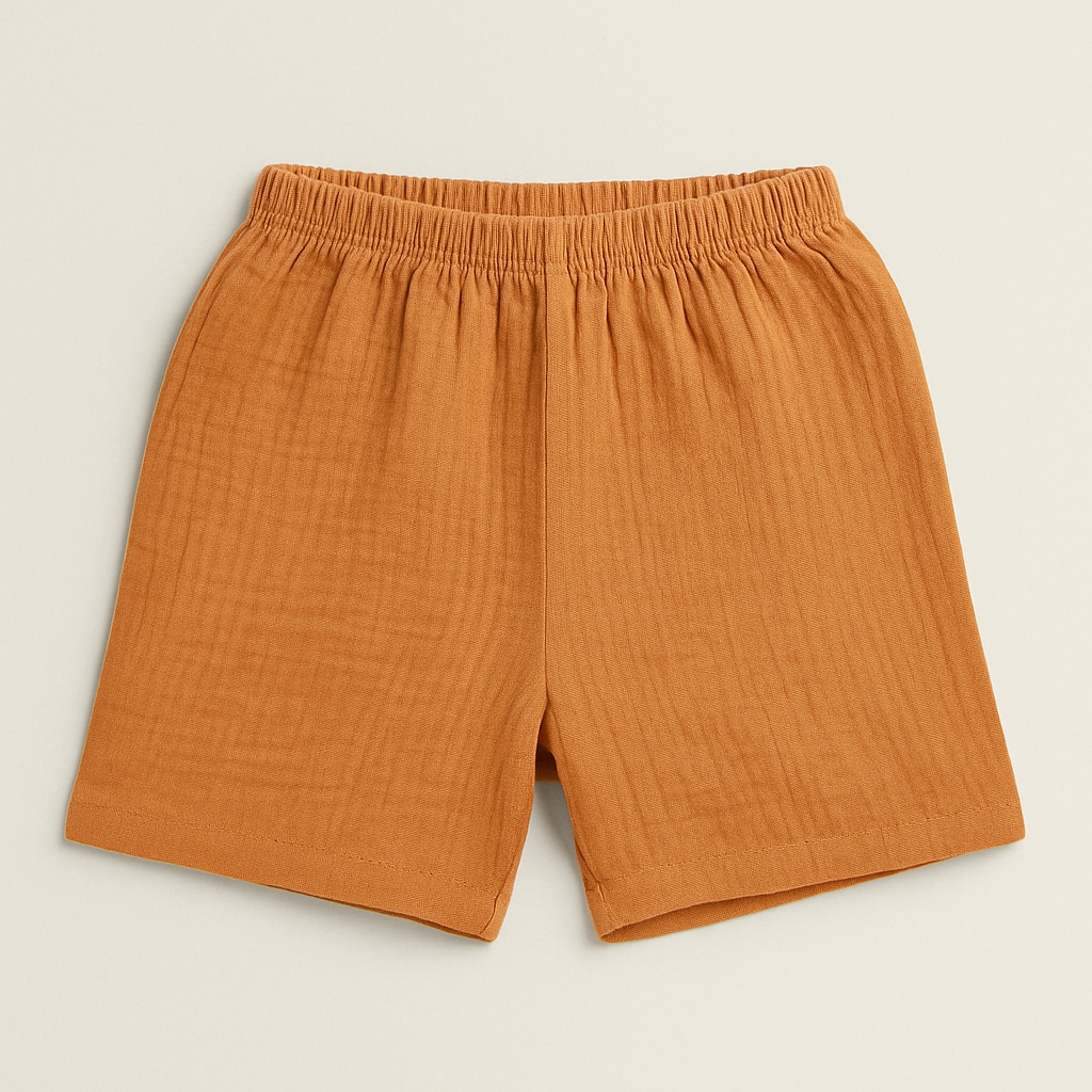 Muslin Off-white Mandarin Collar Shirt & Brown Shorts Set for Boys