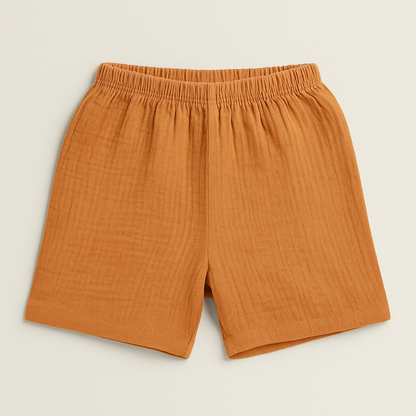 Muslin Off-white Mandarin Collar Shirt & Brown Shorts Set for Boys