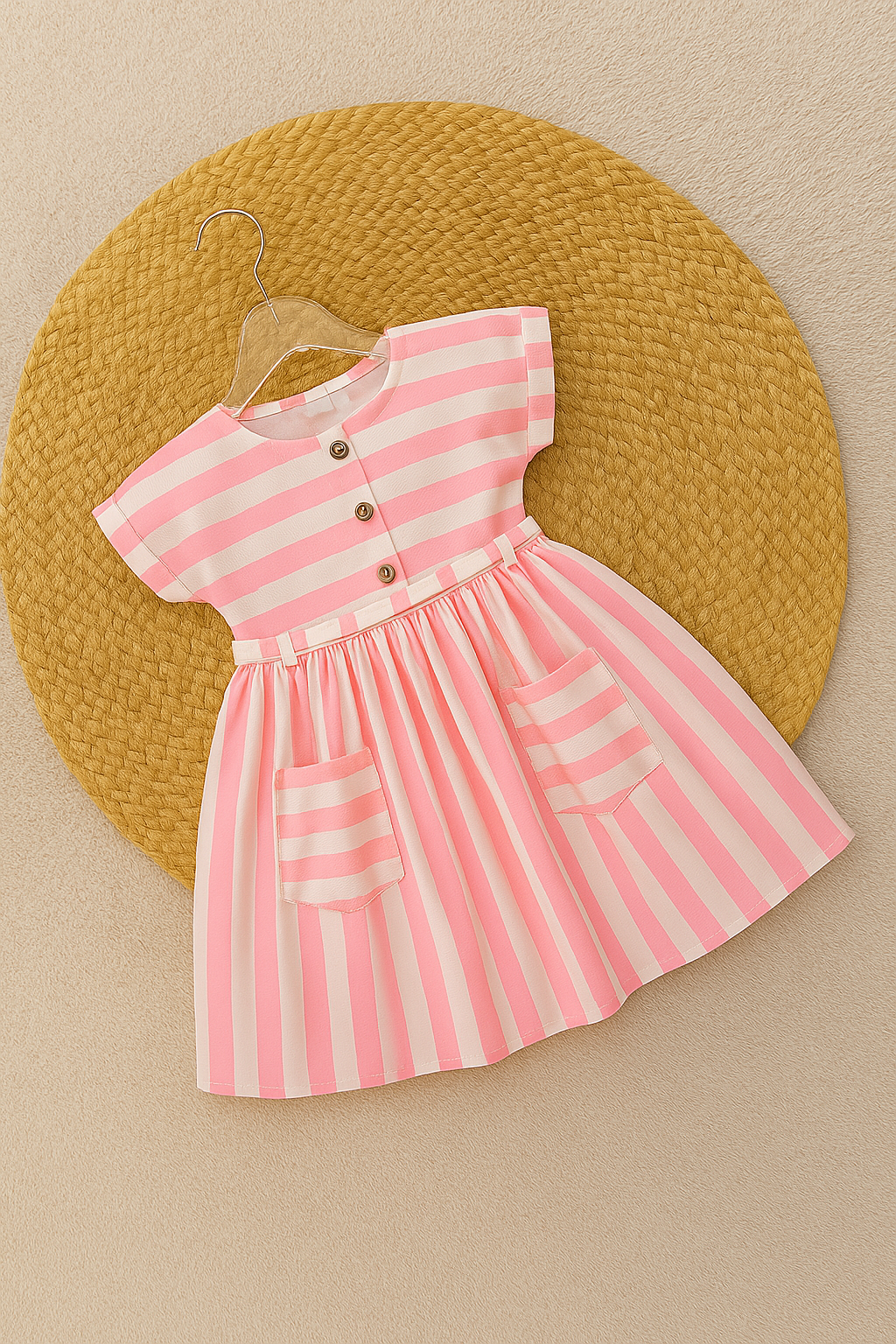 Striped Pattern Frock With Front Pocket Detail