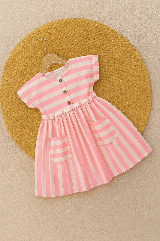Striped Pattern Frock With Front Pocket Detail