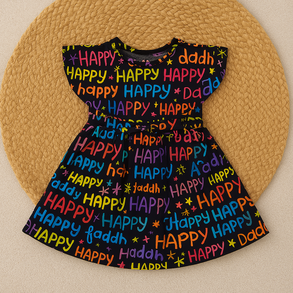 Happy Graphic Print Frock For Girls