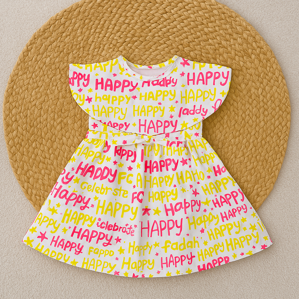 Happy Graphic Print Frock For Girls
