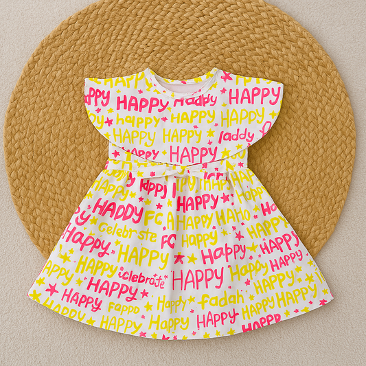 Happy Graphic Print Frock For Girls