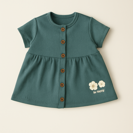Soft Ribbed Button-Front Frock with Floral Patch