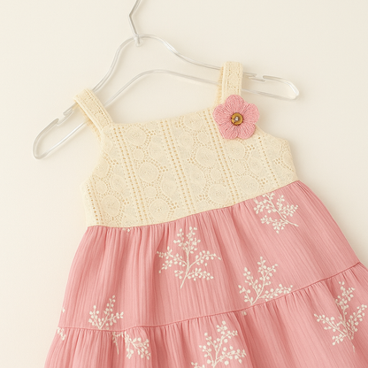 Crochet Yoke Floral Frock with Layered Skirt