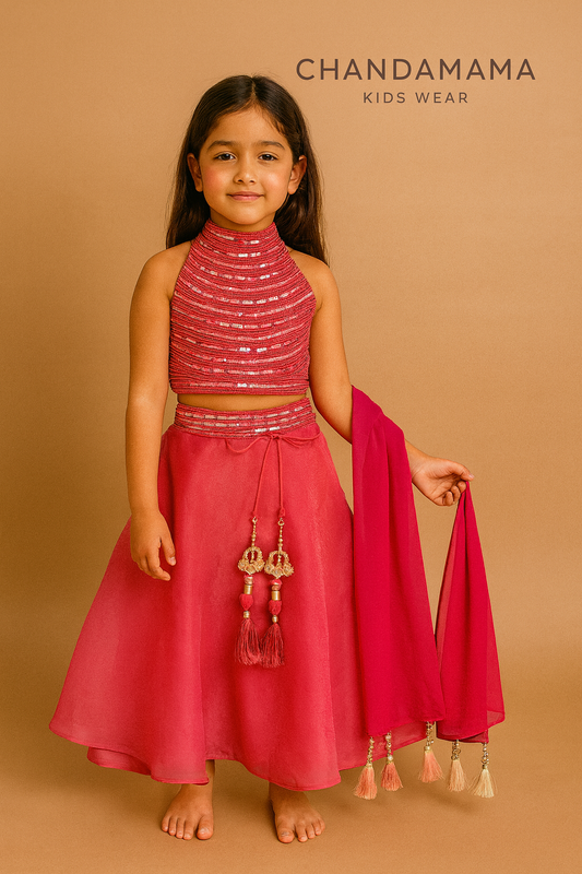 Coral pink shimmer top Sharara skirt with dupatta