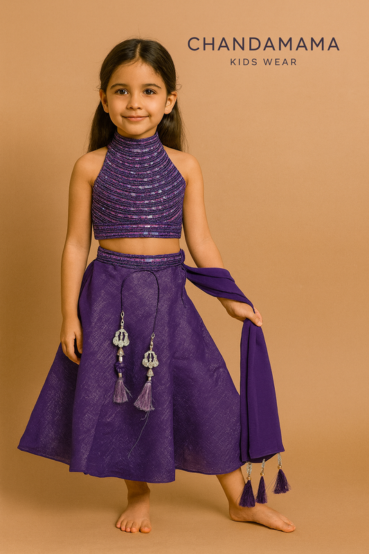Purple shimmer top with Sharara skirt with dupatta
