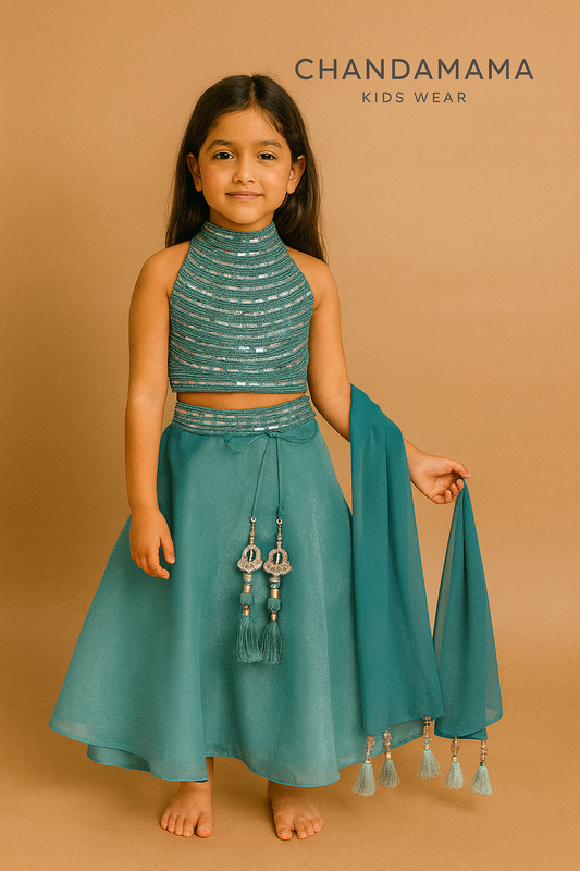 Teel Green shimmer top Sharara skirt With dupatta