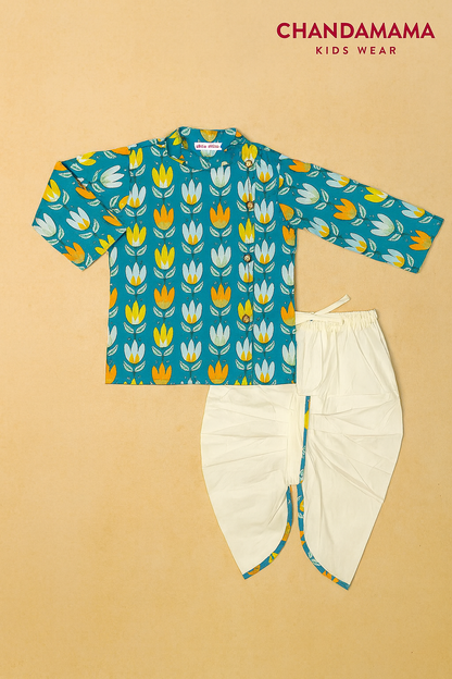 Teal Printed Floral Kurta with Cream Dhoti Set