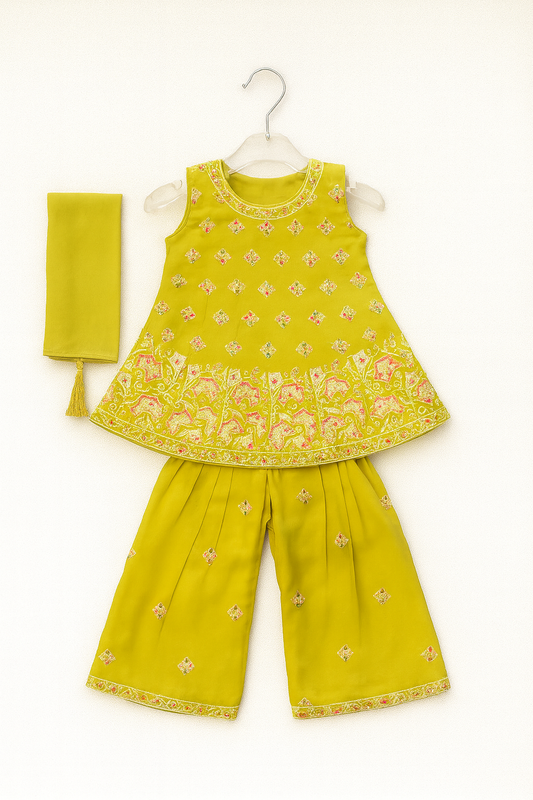 Kurti Top with Sharara Bottom and Dupatta with tassels
