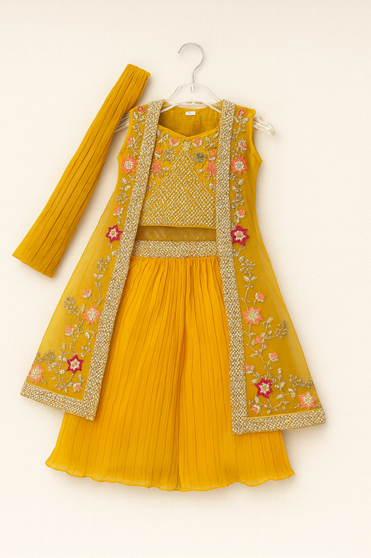 Girls’ Ethnic Three-Piece Sharara Set with Shrug and Dupatta