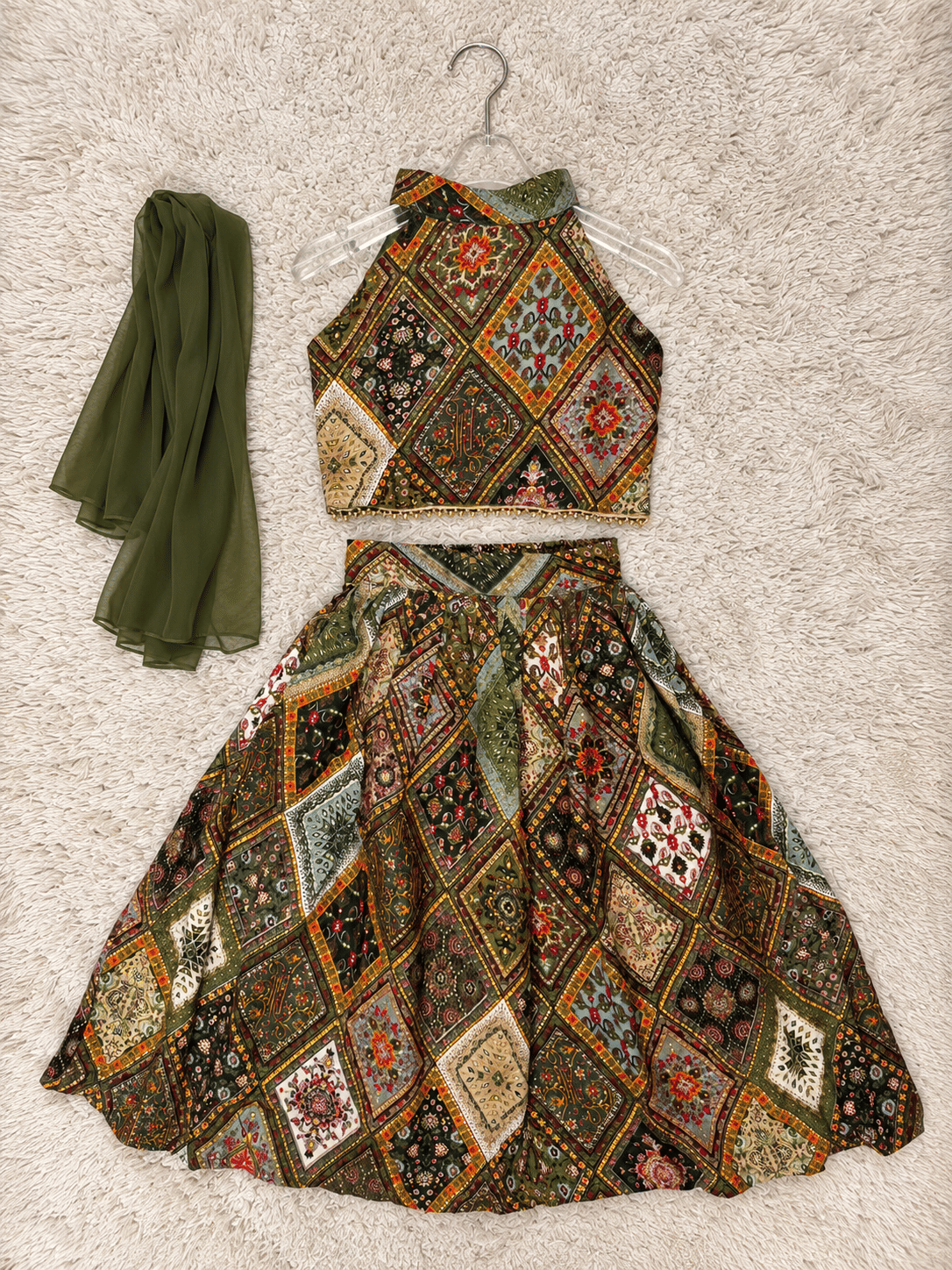 Olive Green Rayon Cotton Lehenga