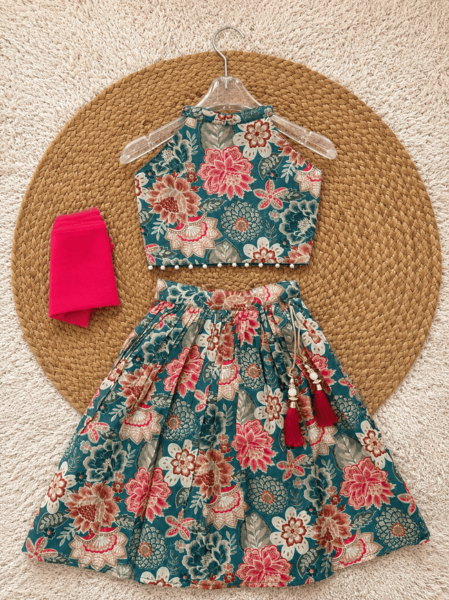 Teal Floral Chanderi Cotton Lehenga