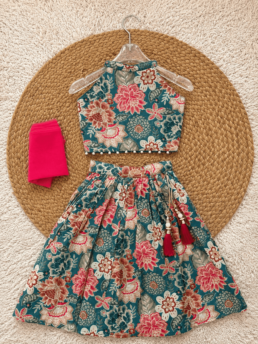 Teal Floral Chanderi Cotton Lehenga