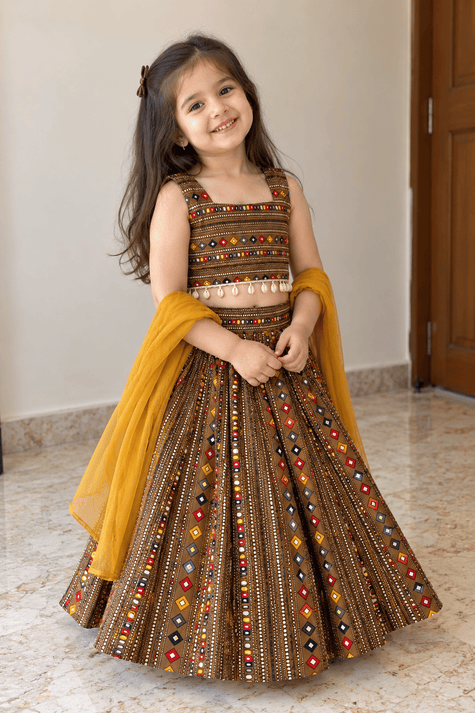 Brown Geometric Rayon Cotton Lehenga