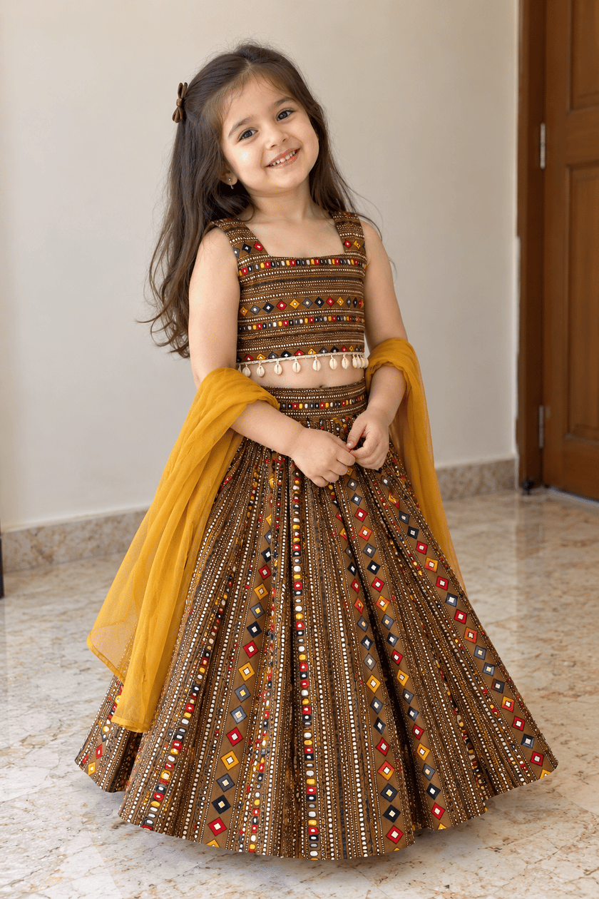Brown Geometric Rayon Cotton Lehenga