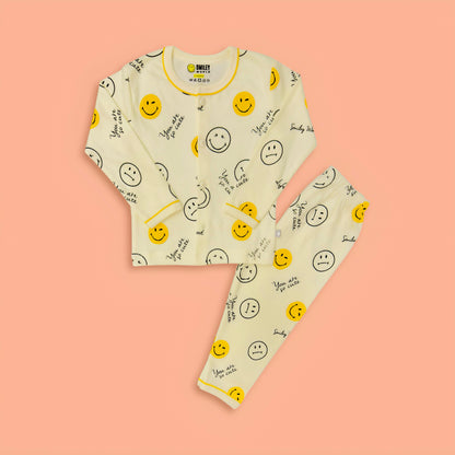 Full Sleeves Emoji  Print Night Suit Set - Yellow