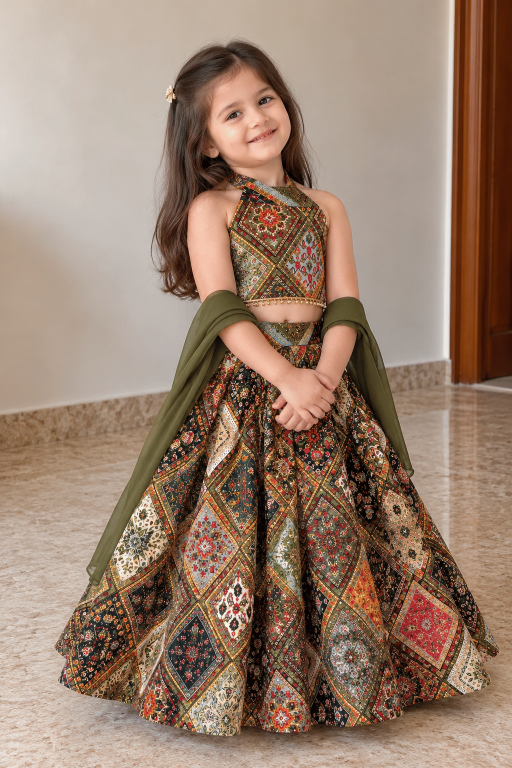 Olive Green Rayon Cotton Lehenga