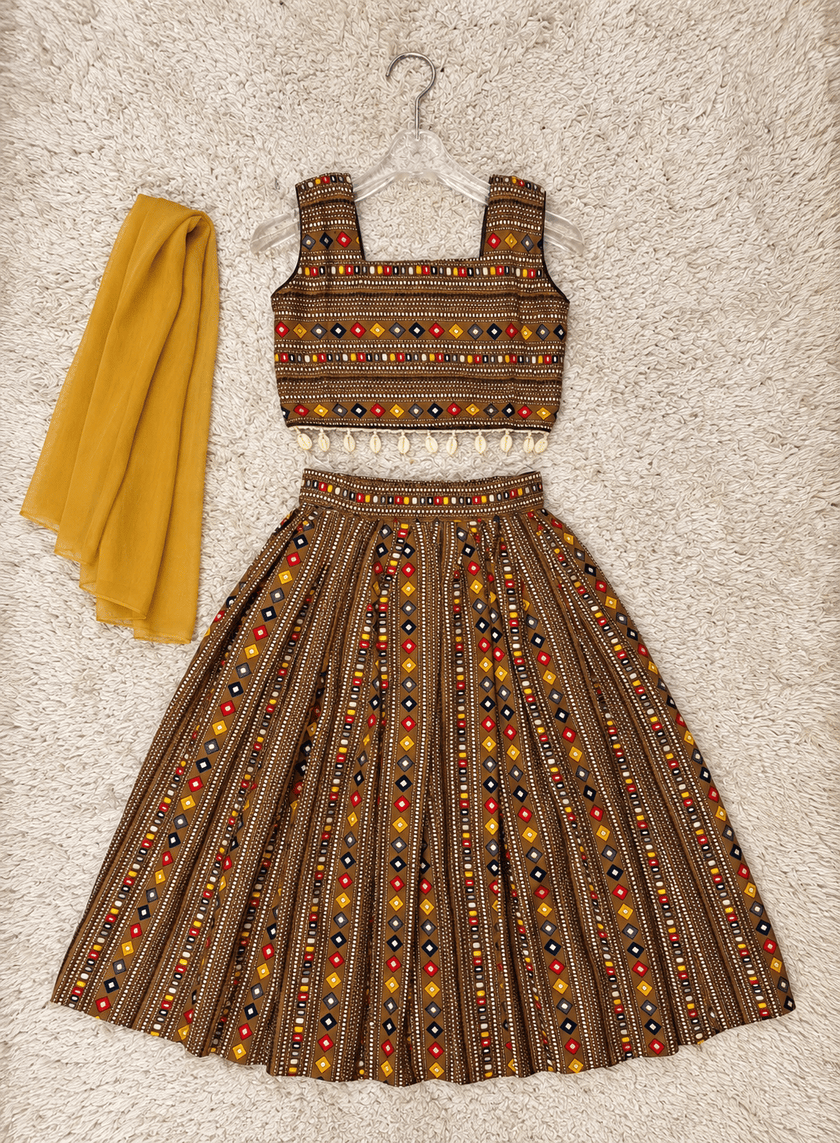 Brown Geometric Rayon Cotton Lehenga