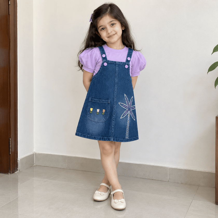 Lavender Bloom Denim Pinafore Dress