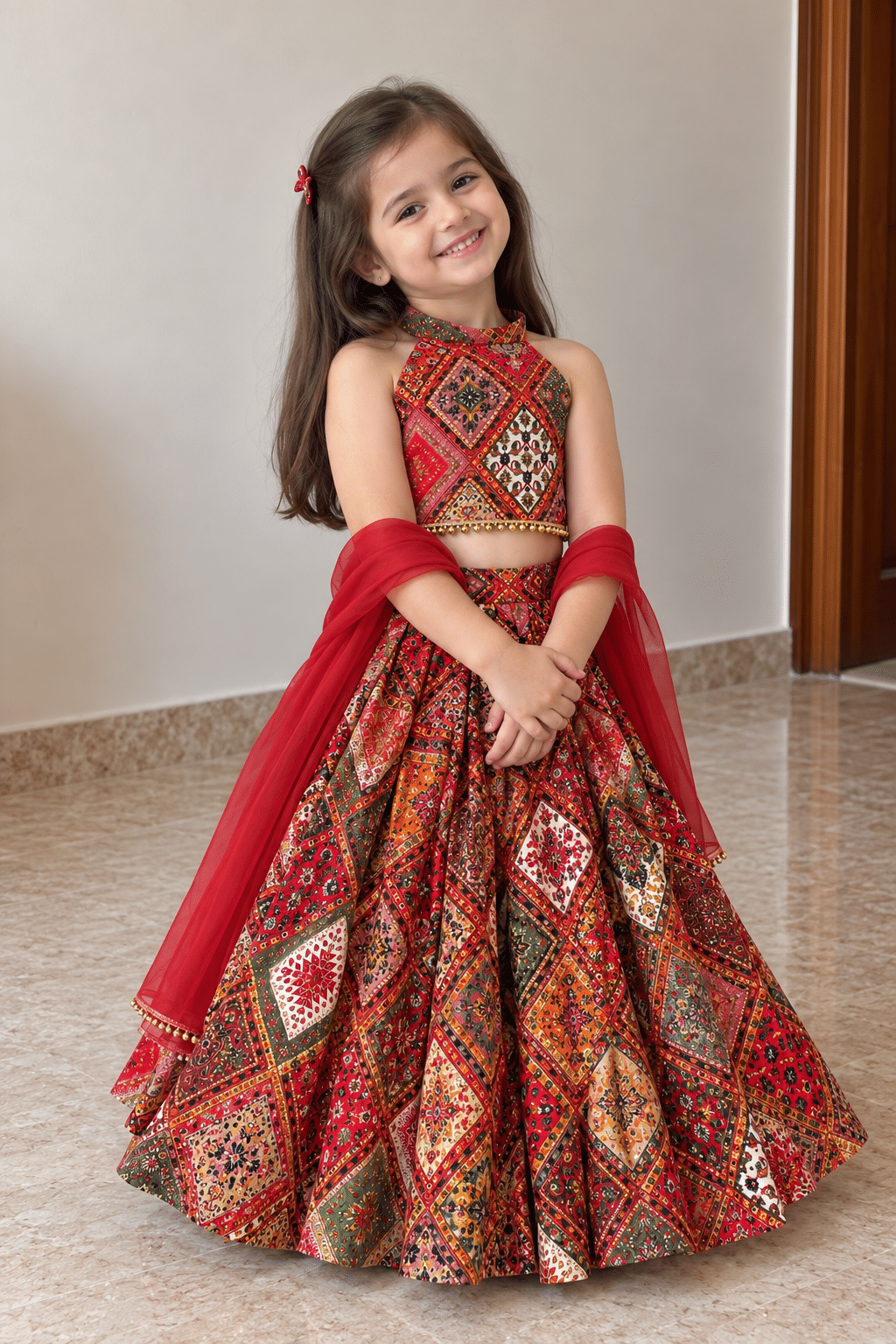 Crimson Patchwork Rayon Cotton Lehenga