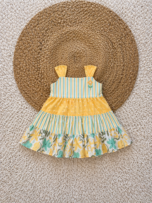 Tiered Mixed Print Cotton Dress with Wide Straps