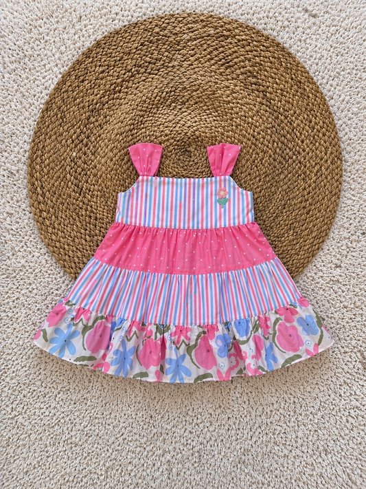 Tiered Mixed Print Cotton Dress with Wide Straps