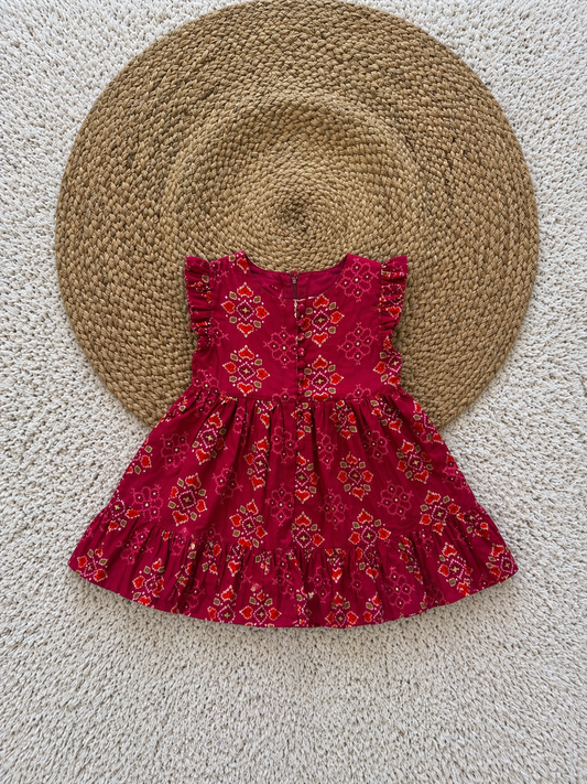 Ruffle Sleeve Printed Cotton Tiered Dress
