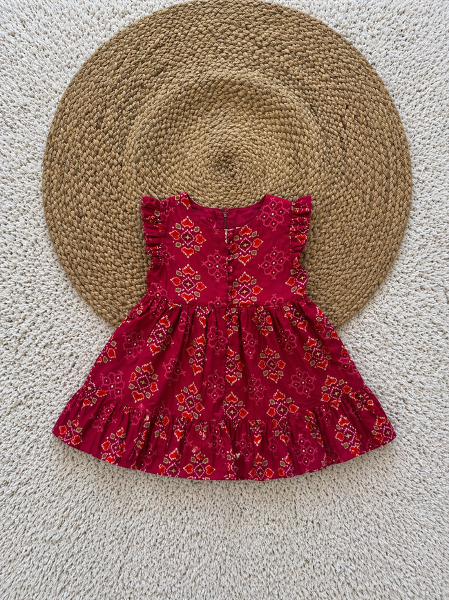 Ruffle Sleeve Printed Cotton Tiered Dress