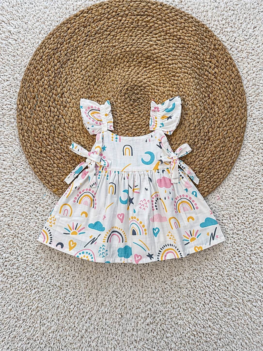 Rainbow Print Cotton Tie-Strap Dress