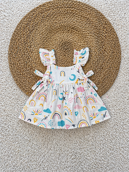 Rainbow Print Cotton Tie-Strap Dress