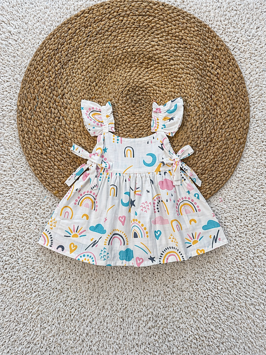 Rainbow Print Cotton Tie-Strap Dress