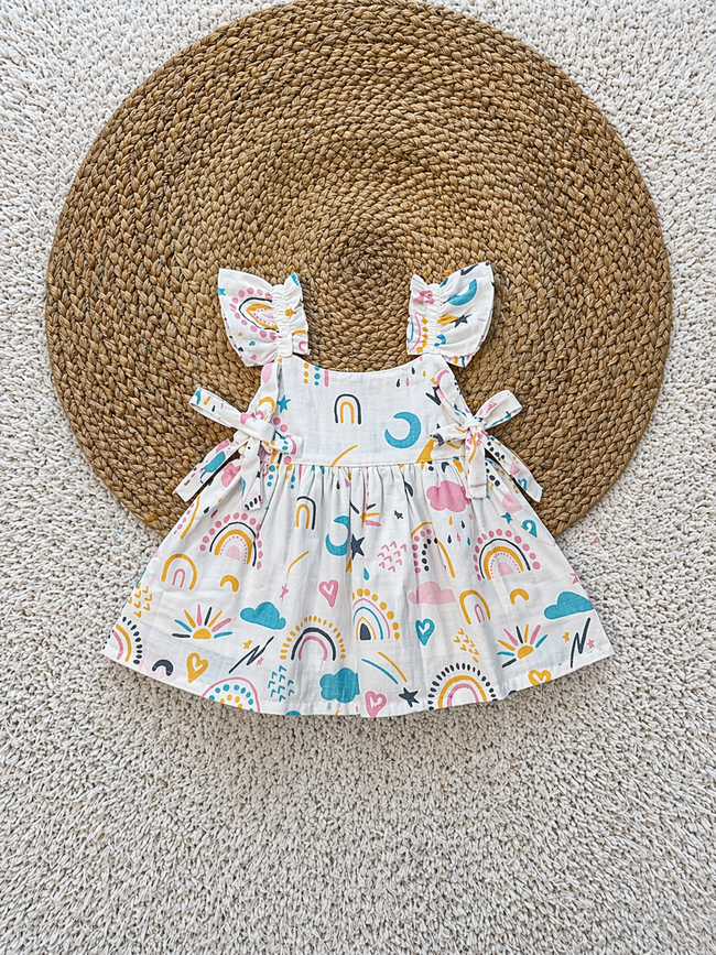 Rainbow Print Cotton Tie-Strap Dress