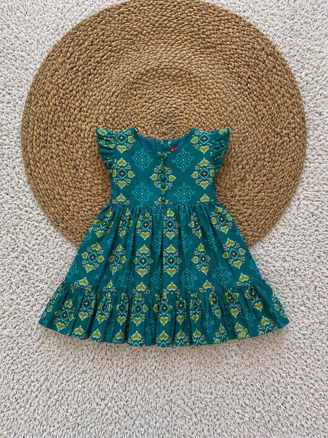 Ruffle Sleeve Printed Cotton Tiered Dress