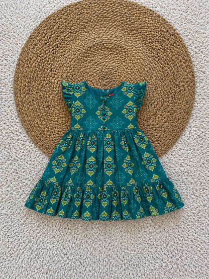 Ruffle Sleeve Printed Cotton Tiered Dress