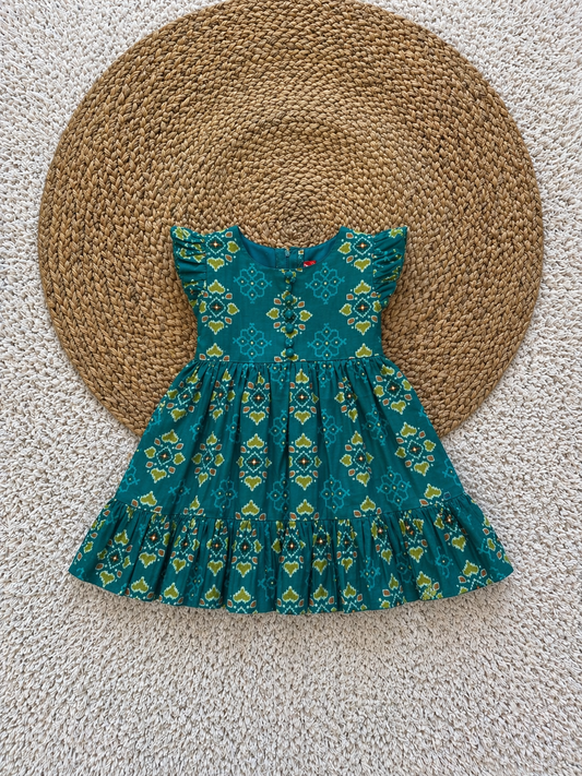 Ruffle Sleeve Printed Cotton Tiered Dress