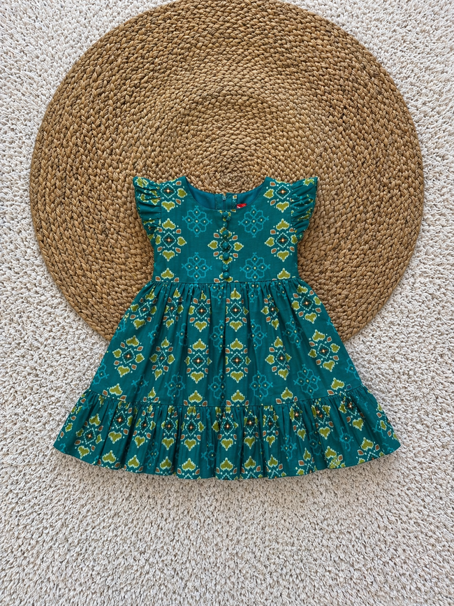 Ruffle Sleeve Printed Cotton Tiered Dress