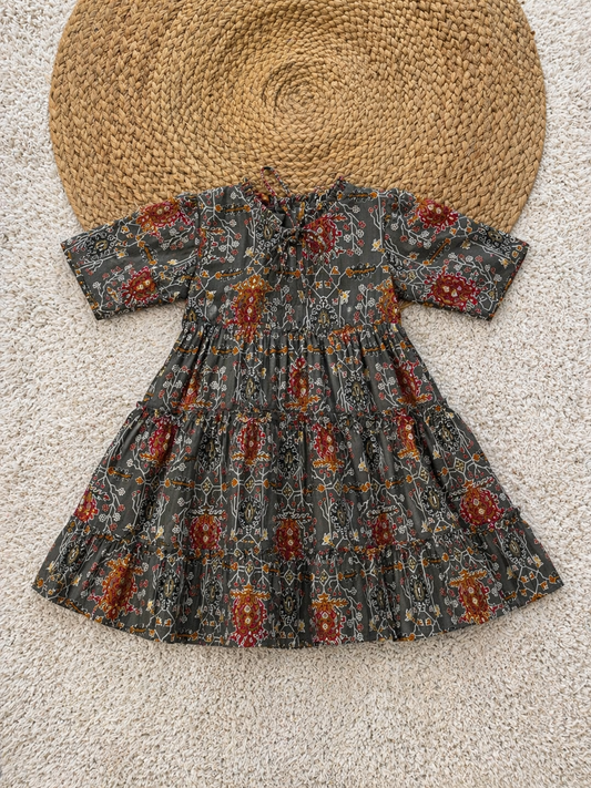 Tiered Printed Cotton Dress with Tie Neck
