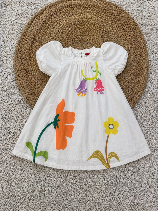 Puff Sleeve Floral Print Cotton Dress