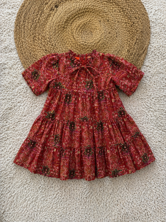 Tiered Printed Cotton Dress with Tie Neck