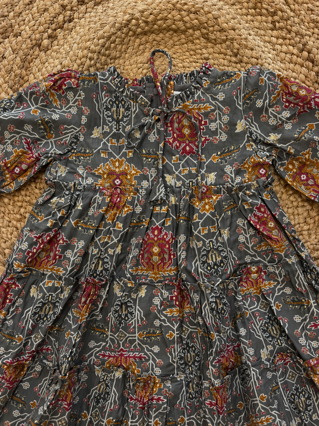 Tiered Printed Cotton Dress with Tie Neck