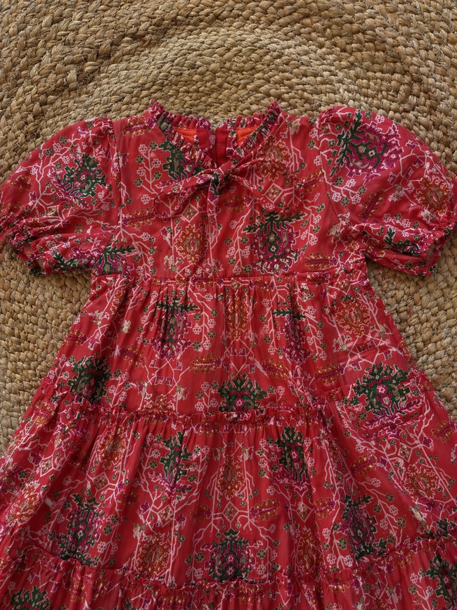 Tiered Printed Cotton Dress with Tie Neck