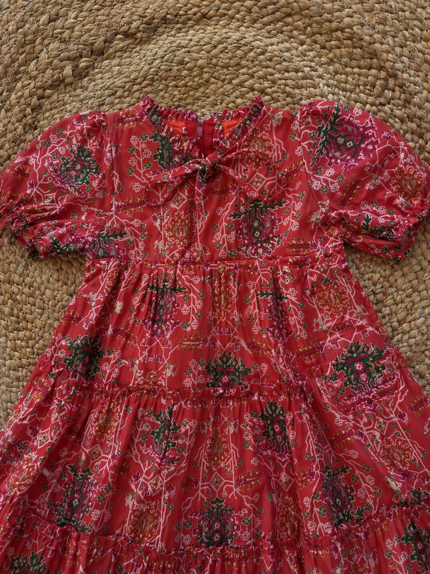 Tiered Printed Cotton Dress with Tie Neck