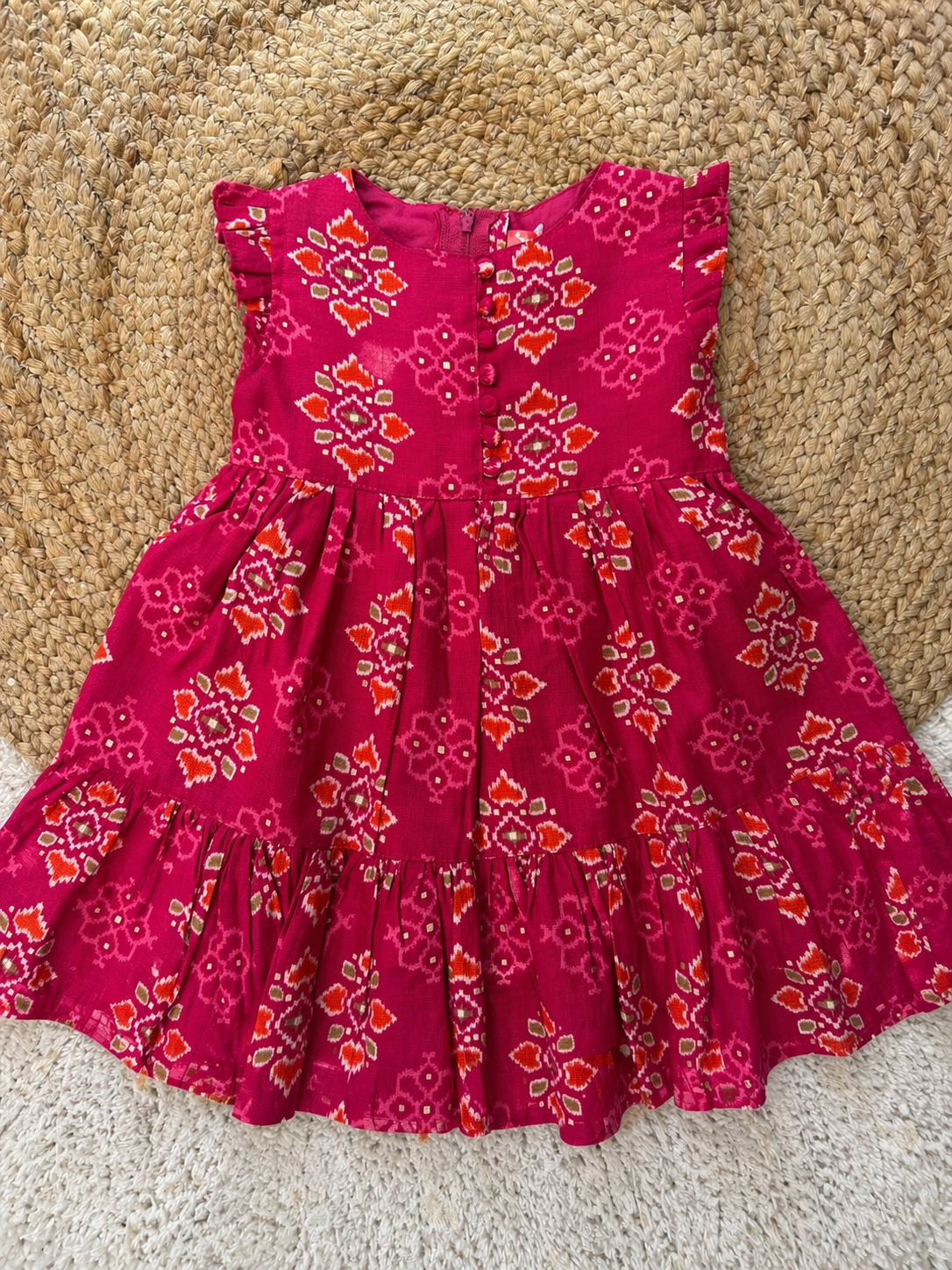 Ruffle Sleeve Printed Cotton Tiered Dress