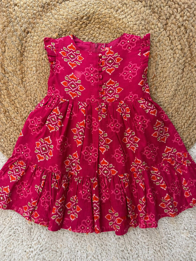 Ruffle Sleeve Printed Cotton Tiered Dress