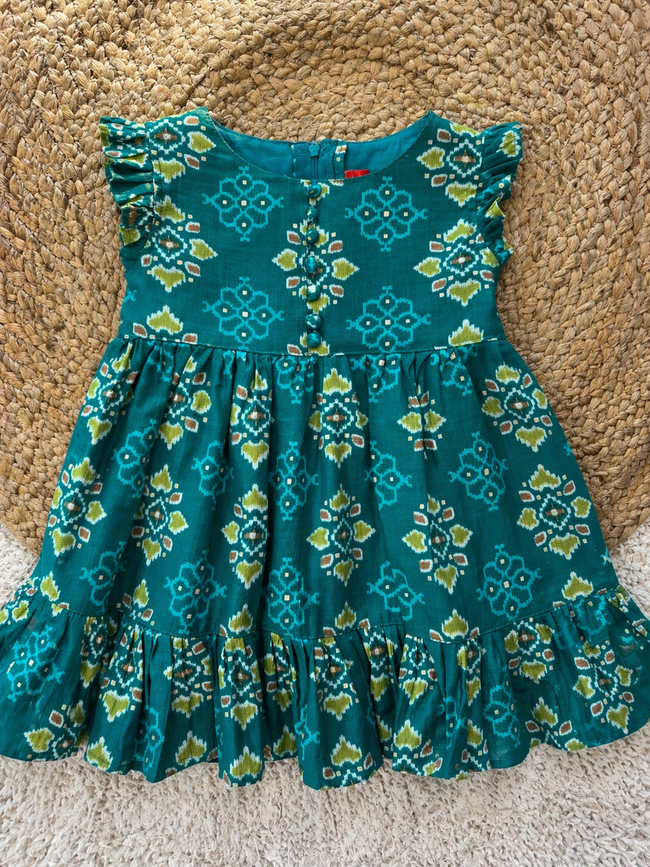 Ruffle Sleeve Printed Cotton Tiered Dress